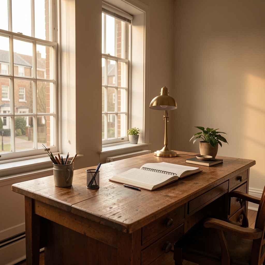 Quiet editorial workspace with a wooden desk, open notebooks, and afternoon light falling through tall sash windows