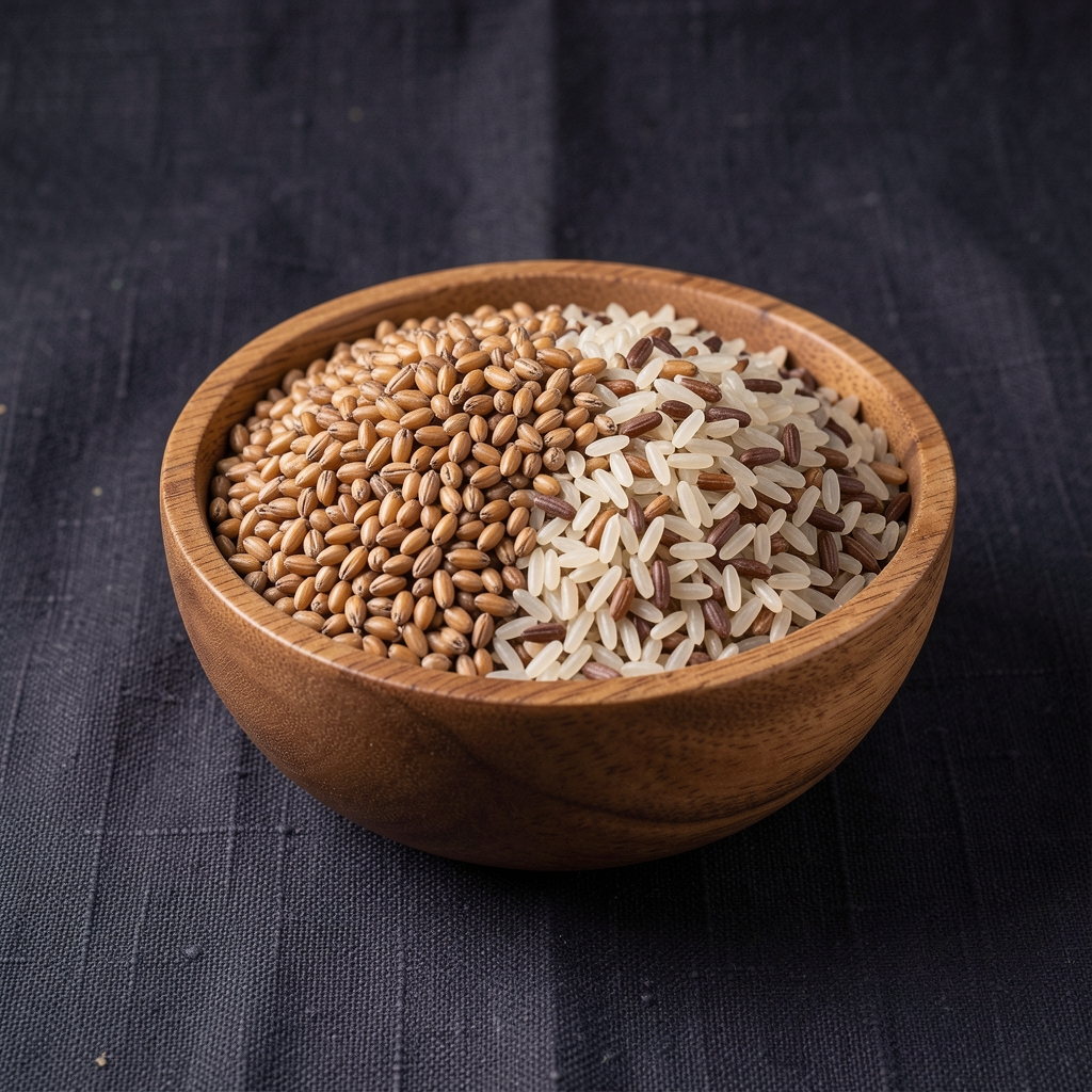 Wooden bowl of mixed whole grains including barley, farro and brown rice on a textured dark linen background in soft studio lighting
