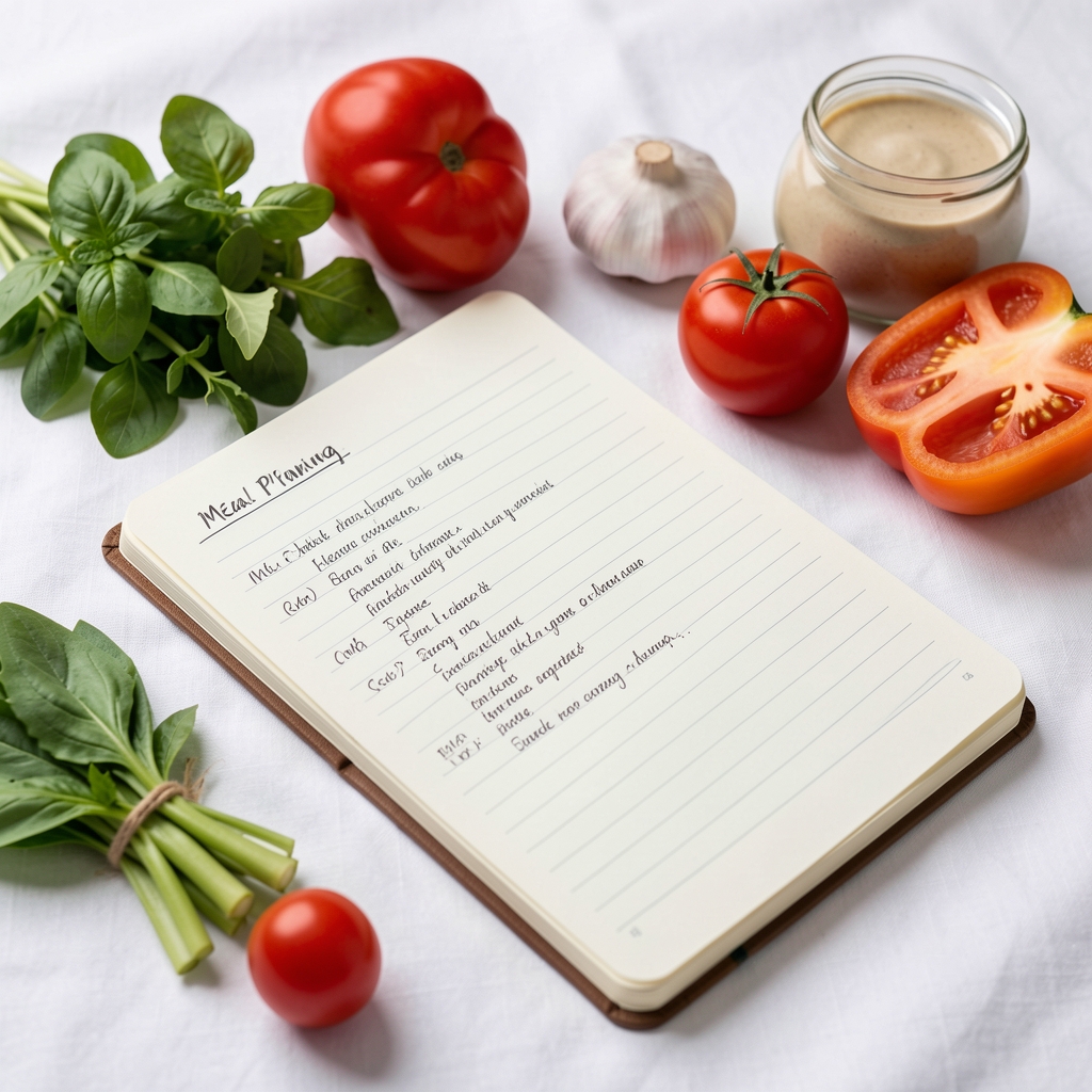 Close-up of a handwritten meal planning notebook alongside fresh ingredients on a clean white linen surface
