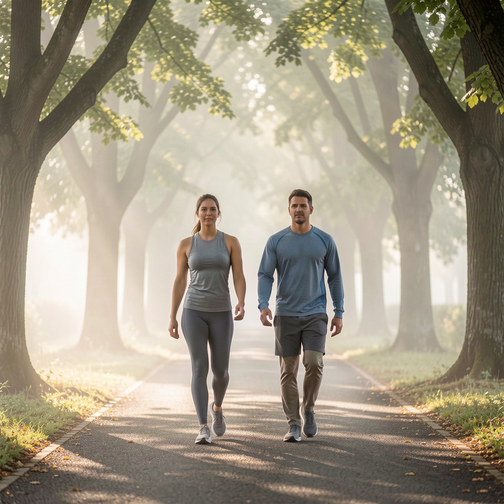 Two people walking on a tree-lined path in morning mist, wearing comfortable athletic wear, soft dappled light through leaves