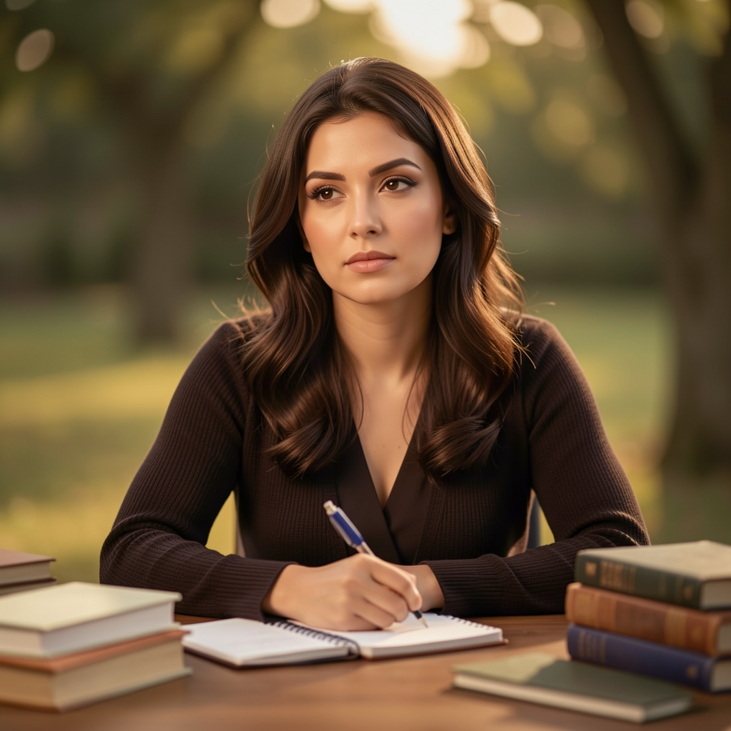 Portrait of a woman with a thoughtful expression seated at a writing desk surrounded by books and notebooks in warm studio light
