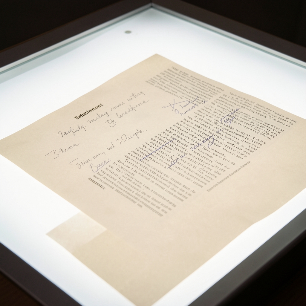 Close-up of a printed article proof on a lightbox with handwritten editorial corrections in pencil
