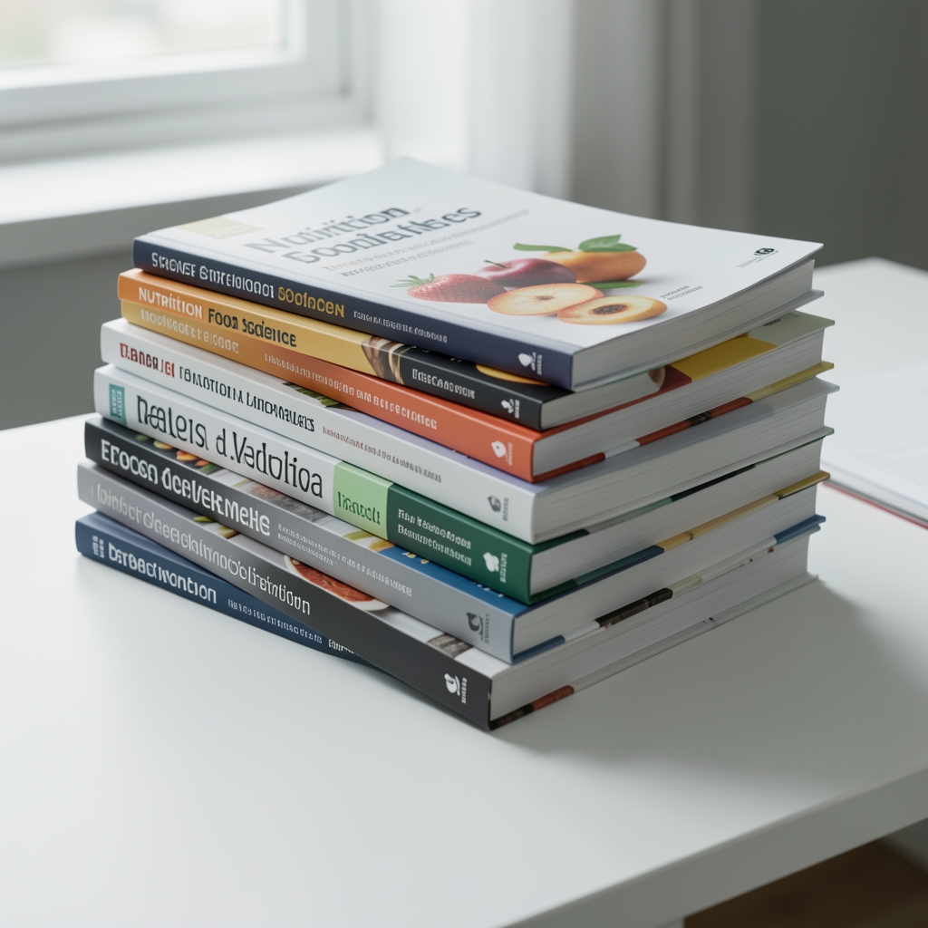 Stack of nutrition and food science academic journals and trade publications on a clean white desk under diffused daylight