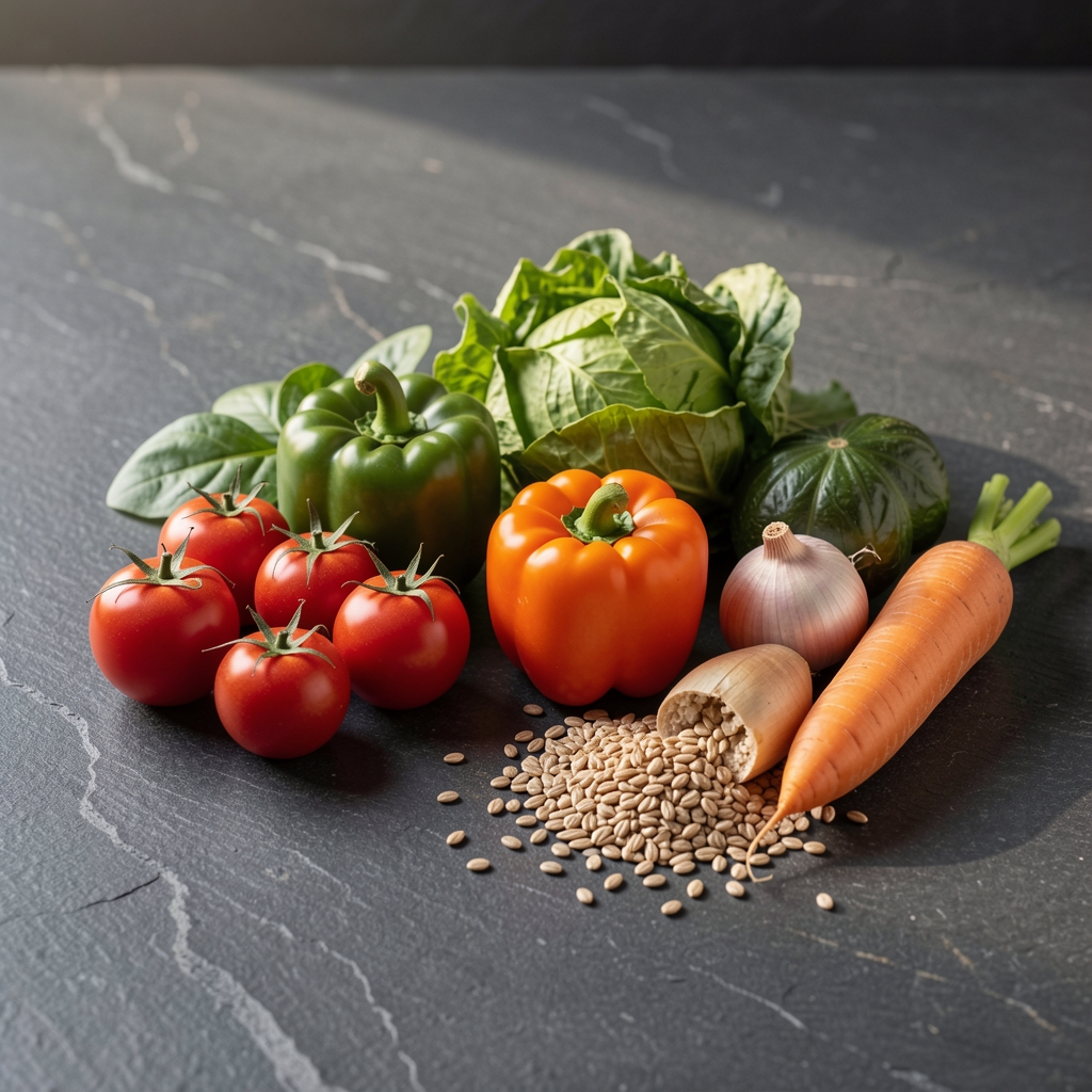Carefully arranged seasonal vegetables and wholegrains on a dark stone surface in natural morning light